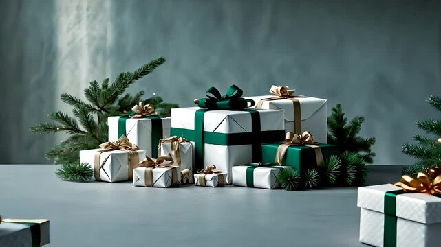Holiday gift boxes wrapped in white with green ribbons and pine on grey table