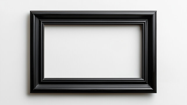 Fototapeta A mockup of an empty black frame on the wall, leaning against a white background with plants and shadows