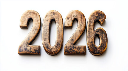  The numbers "2026" made of wood on a white background, top view, high-resolution photography. 