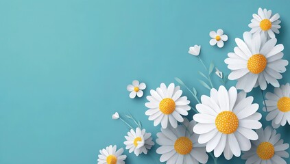 Fototapeta premium 3D paper-cut style white daisies on a blue background, vector presentation design with copy space