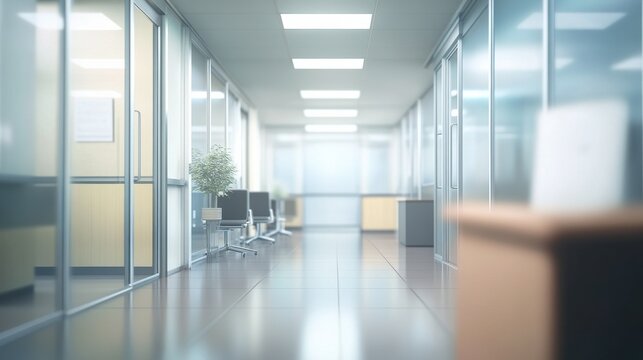 Abstract blurred office hall interior and meeting room. Blurry corridor in working space with defocused effect. Use for background or backdrop in business concept