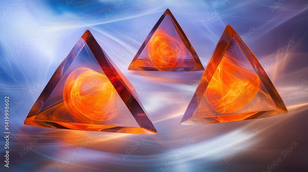 Poster three glowing triangular objects contain swirling orange and red light