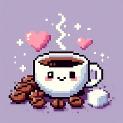 coffee illustration design on a cup with love emoticon, pixel art