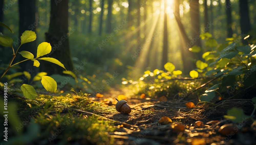 Poster acorn on forest path with sun rays shining through trees