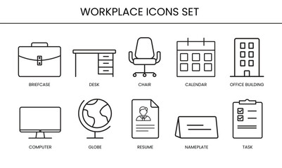 Workplace Essentials Icon Set – Office Items & Equipment in Vector Style