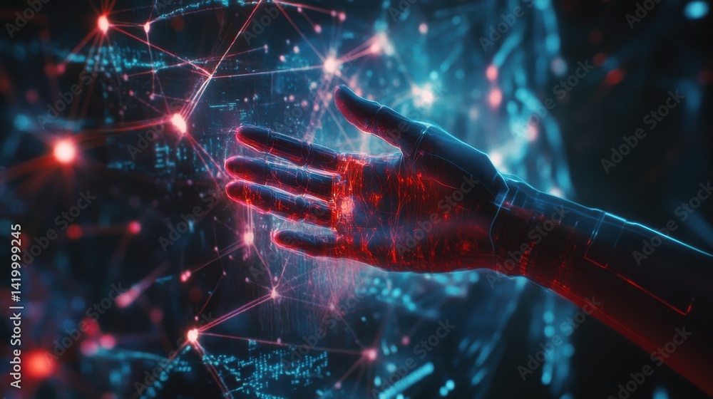 Poster ai, machine learning, hands of robot and human touching on big data network connection background, s