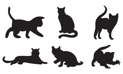 Cat Silhouettes Vector Illustration, perfect for Halloween, cat lovers. Features various cat poses, paw prints. Ideal for pet, animal, feline, domestic, house cat themes