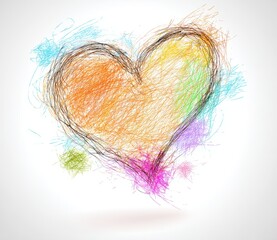 A vibrant, textured heart formed from colorful, scribbled lines against a pale background. It evokes a sense of energy and abstract artistry