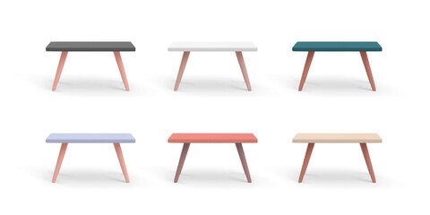 Modern Wooden Tables in Minimal Design with Six Different Color Tops on White Background. Stylish Mockup for Interior, UI, and Product Presentations. Clean Look. Vector Illustration.