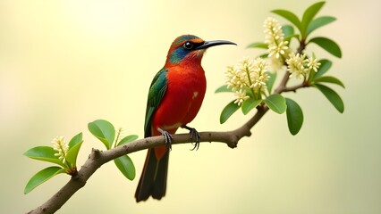 Fototapeta premium Radiant Fire-tailed Sunbird on a Blooming Branch