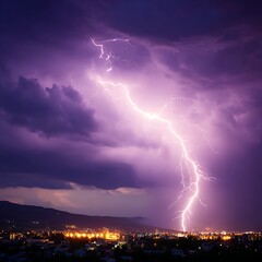 Awe Inspiring Night Sky Lightning Bolt Illuminating the Cityscape Below a Dramatic Cloudscape.