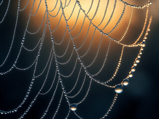 Macro photography of a dewdrop on a spiderweb captures intricate reflections and the fine strands of the web.