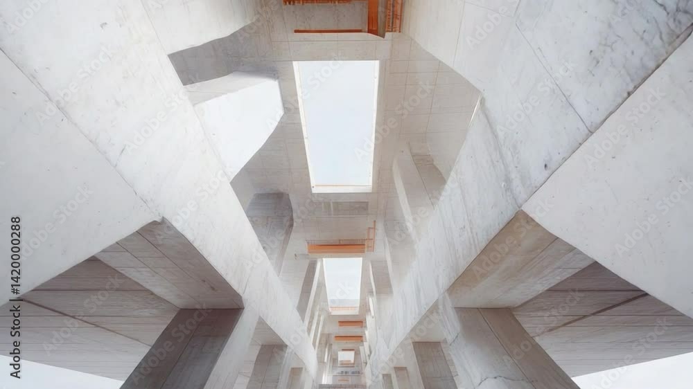 Poster Concrete Structure Interior: Abstract view of a modern building's interior, showcasing the complex interplay of light and shadow across its concrete framework.
