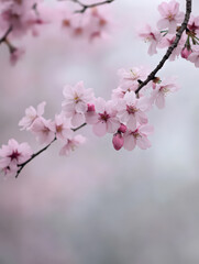 Obraz premium Cherry blossom tree, with branches covered in pink petals. Covered in white mist, the overall color tone is soft pink, creating a beautiful spring scene