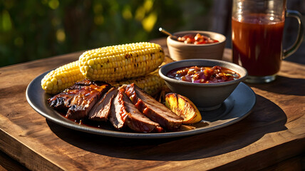 Traditional Barbecue Brisket Meal with Summer Corn and Sauce 