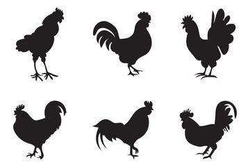 hen or chicken, rooster and chicks silhouette set. hen, rooster and chicks isolated farm animal silhouette icon vector collection