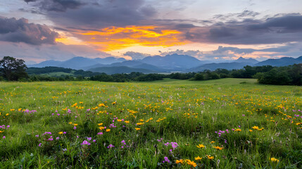 Fototapeta premium Colorful Wildflower Meadow At Sunset