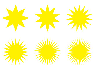 黄色でマーク、ロゴ、装飾、デザイン等に使えるシンプルなキラキラ、爆発模様のイラスト素材セット