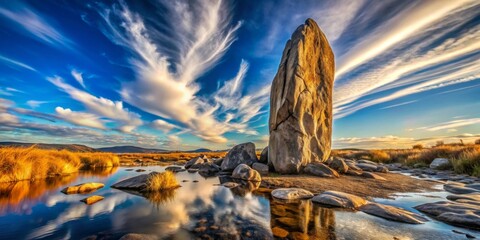 Obraz premium Serene landscape featuring a majestic rock formation standing tall amidst a tranquil stream, reflecting a vibrant sunset sky with dramatic cloud formations