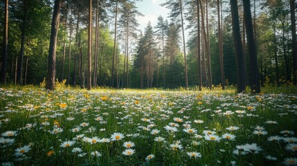 Obraz premium Vibrant Meadow Filled with Wildflowers Under the Warm Sunlight in a Serene Forest Landscape