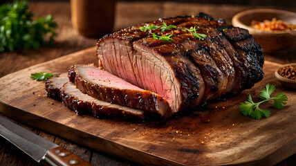 Texas Style Barbecue Brisket Served on Rustic Wooden Board 