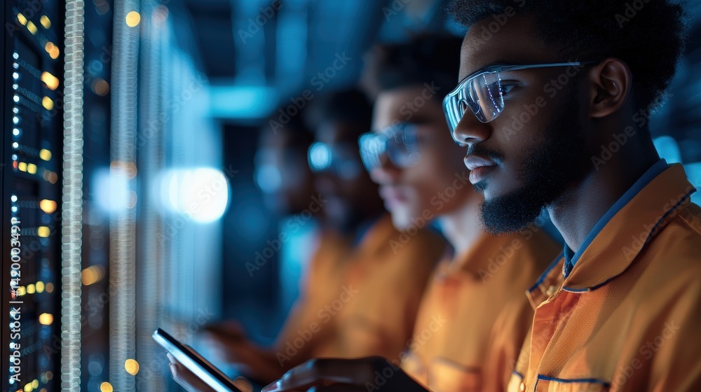 Poster a focused individual in safety goggles works on a device amidst a backdrop of glowing server racks, 