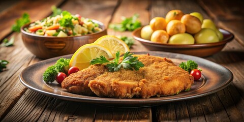 A Delicious Breaded Cutlet Served with Lemon Wedges, Parsley, Roasted Potatoes, and a Fresh Vegetable Salad on a Rustic Wooden Table