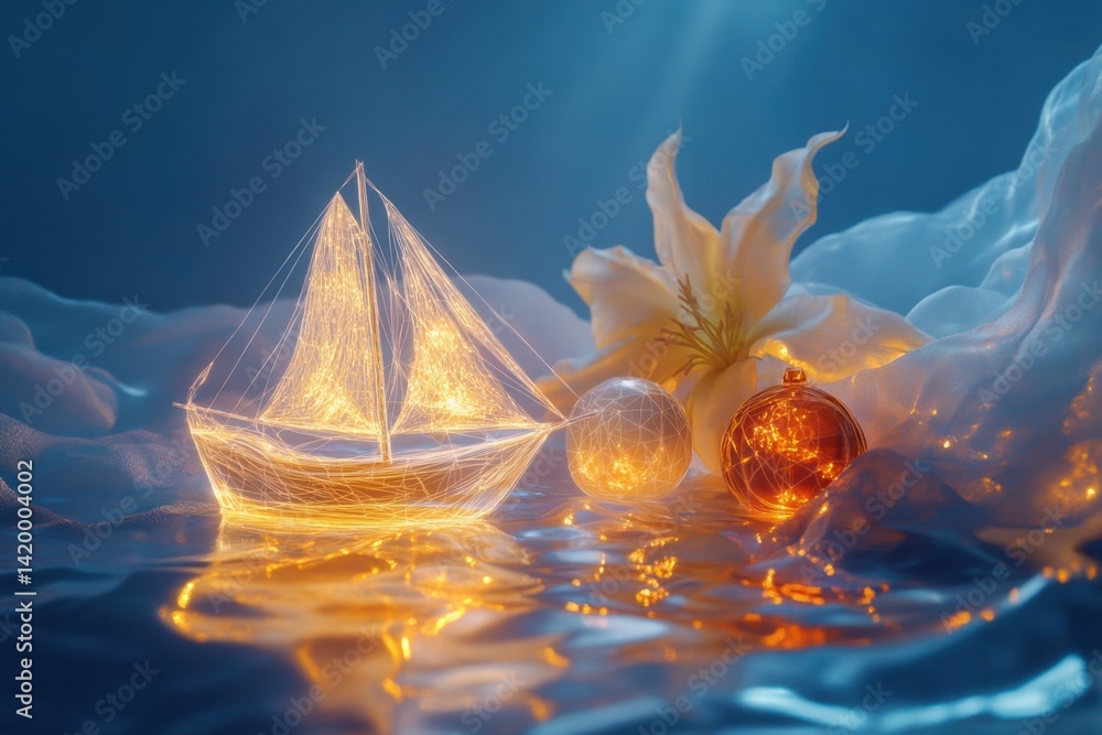 Poster delicate boat and ornaments floating on shimmering water with soft clouds and light