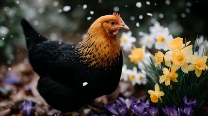 Fototapeta premium Black Chicken with Golden Neck Feathers Standing Among Yellow and White Daffodils in Garden Scene.