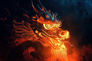 Obraz premium Fiery glowing Chinese dragon head illustration with smoke and light effects on dark background, mythical creature art for fantasy and zodiac design