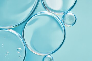 Abstract background with round glass bubbles and liquid in a light blue color