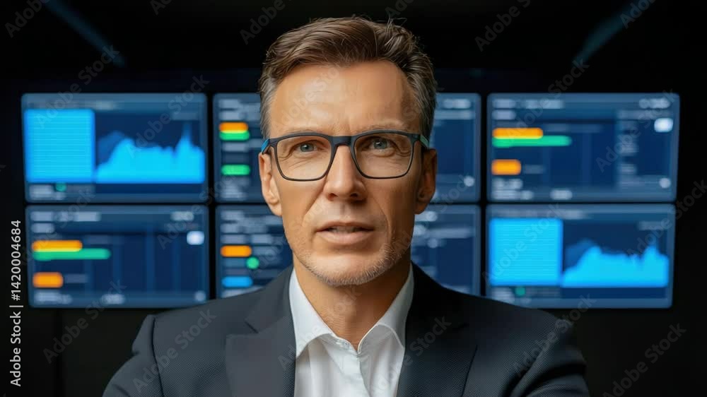 Poster a focused professional in a suit, surrounded by screens displaying financial data and graphs, convey
