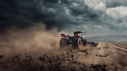 Naklejka premium Powerful farm tractor plowing through a dusty field during a storm.