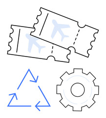 Airplane tickets emphasize travel and aviation recycling triangle highlights sustainability gear symbolizes system and process. Ideal for travel planning, sustainability, innovation, productivity