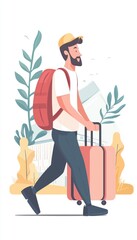 Young Man Walking with Luggage in Nature Background Illustration
