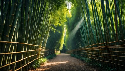 Fototapeta premium Walking Path through Bamboo Forest with Sunlight and Wooden Fence