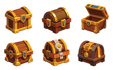 Pirate Treasure Chest Icons – Lock Boxes with Gold – Isolated Vector Set