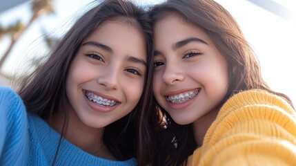 Fototapeta premium two pretty young smiling hispanic women in blue and yellow sweaters with braces on their teeth taking a selfie. friendship concept.