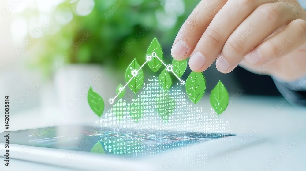 Aufkleber businessman engaging with digital growth chart in surreal data landscape with graphs flourishing lik