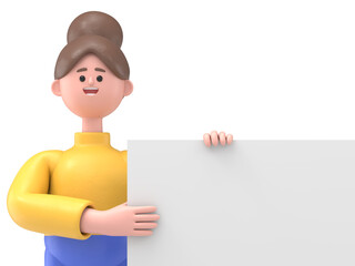 3D illustration of Asian woman Angela stands with white blank board.Transparent Background Mockup.Supports PNG files with transparent backgrounds.