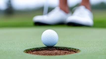 A close-up view of a golf ball near the hole, with a golfer poised to make a putt on a well-manicured green.