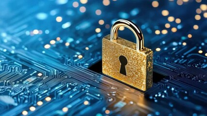 A golden padlock on a circuit board background symbolizes data security and encryption in the digital age. - Powered by Adobe