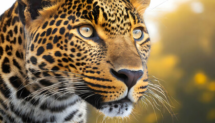 Fototapeta premium Majestic Leopard in its Natural Habitat: A captivating, close-up shot of a regal leopard, its piercing eyes fixed in a stare. The image is rich in detail.