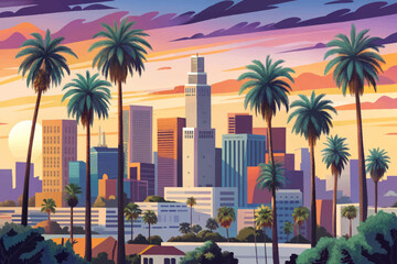 Amazing sunset of Los Angeles downtown skyline and palm trees in foreground, beautiful sky and buildings