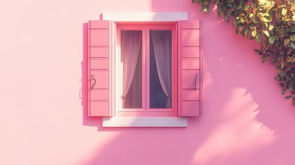 Window with pink shutters on the pink wall. Colorful architecture in Burano island, Venice, Italy.