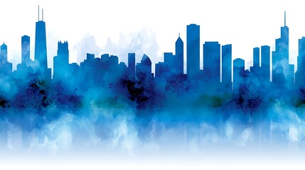 Blue Watercolor Chicago Skyline Silhouette Artistic Urban Scene Depiction of Cityscape with Buildings.