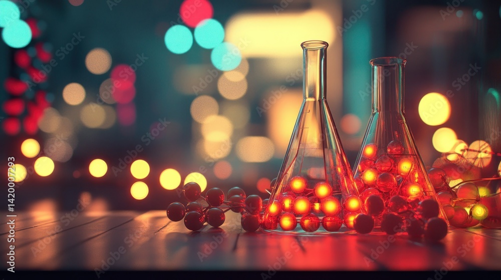 Poster two laboratory flasks with glowing spheres and bokeh background