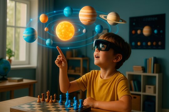 Young Caucasian boy wearing AR glasses and interacting with a 3D solar system model above a chessboard. Studying astronomy through augmented reality at home