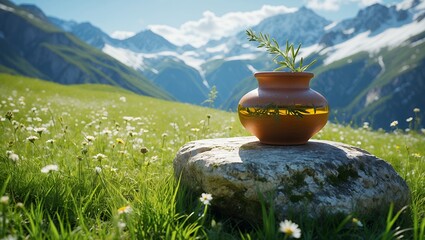 Earthenware Pot with Plant on Rock in Mountain Meadow