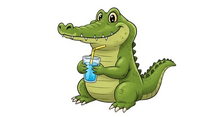 Fototapeta premium Happy cartoon crocodile enjoying a drink